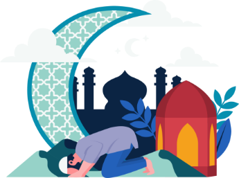 Illustration of a worshipper in prostration before a mosque silhouette and a large decorative crescent moon