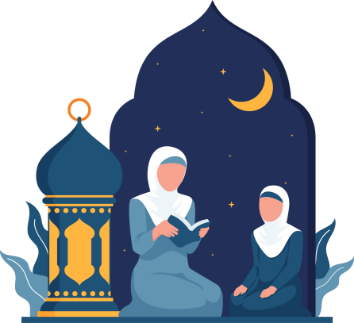 Illustration of two women reading the Quran together at night beside a lantern, under a crescent moon and stars